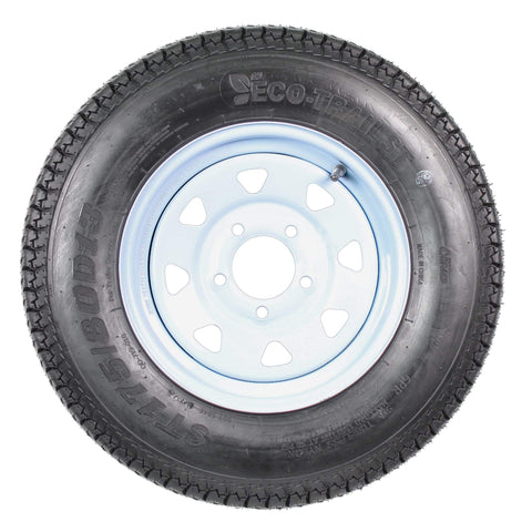 2 Pack Trailer Tire And Rim Bundle With 13 Inch White Spoke Wheels, 5 Lug On 4.5 Inch Center, ST175/80D13 B78-13 Load C, 1360 Lb Capacity