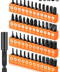 AEJ 49-piece screwdriver bit set on orange rack with 1/4 inch holder; includes hex, Torx, Phillips, and slotted bits