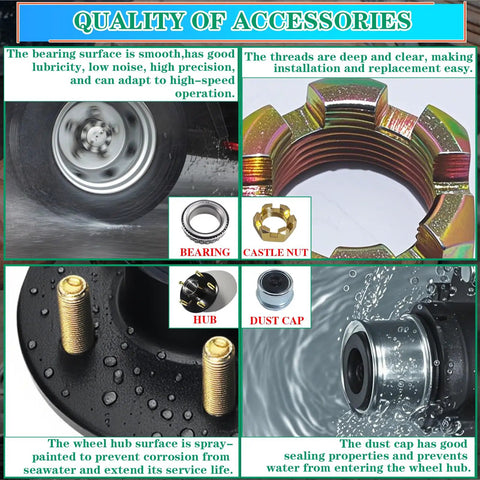 Beefed Up Trailer Hub Kit 2000 Lb Capacity With Five On Four Point Five Inch Bolt Pattern features bearing surface, hub, dust cap