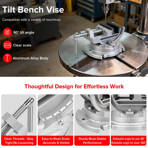 Heavy Duty Bench Vise With Multi Angle Clamp And 0 To 90 Degree Tilt 360 Degree Swivel Base Three Inch Jaw Cast Iron And Powder Metallurgy Jaws For Woodworking Drilling And Milling DIY Projects, aluminum alloy body on drill press