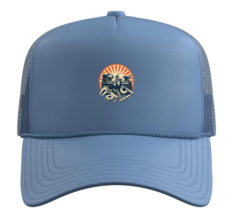 Front view of Chill Light Blue Machinist Trucker Hat With CNC Vise Gauge Square Design showing structured foam and mesh back.