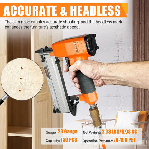 Lightweight 23 Gauge Pneumatic Headless Pin Nailer Kit With 10000 Pins, shown with furniture, accurate headless design.