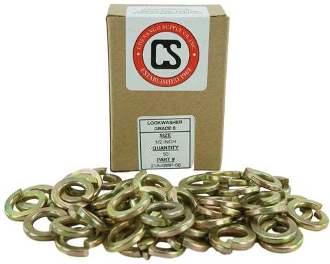 Chenango Supply Co. lock washers, 1/2 in, Grade 8, yellow zinc chromate, split-type, 50 pcs for 1/2-13 fasteners
