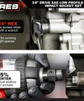 Pinless Universal Swivel Impact Socket Set, 10-Piece Metric, 3/8 Inch Drive used on engine, showing compact design and easy access.