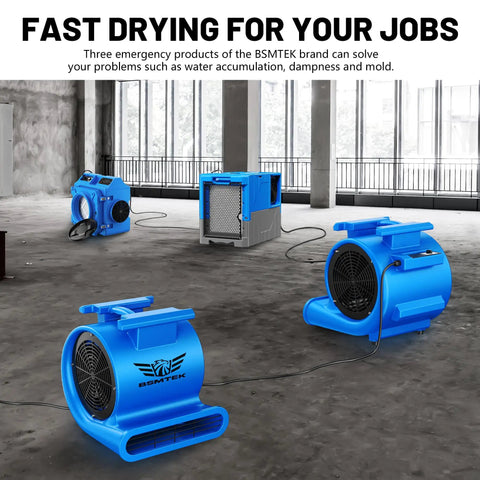 Industrial Air Mover Blower Fan One Point Five HP High CFM Ten Thousand for quick carpet drying in a concrete room.
