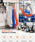 Premium Heavy Duty Shop Grade Self Retracting PU Coiled Air Hose For Air Compressors with various fittings and a spray gun.