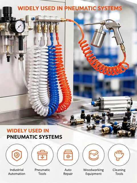 Premium Heavy Duty Shop Grade Self Retracting PU Coiled Air Hose For Air Compressors with various fittings and a spray gun.