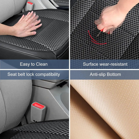 Ventilated Black Bottom Car Seat Cover With 3D Air Mesh Breathable Front Leather Protectors showing easy clean surface and anti-slip bottom.