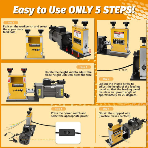 Pro Level Automatic Copper Wire Stripping Machine Boasting A Beefy 60W Motor and Six Alloy Dies assembly instructions in five steps.