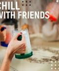 Grab This Pack Of Four 16 Oz Freezer Beer Mugs With Bright Color Coded Handles Shatter Resistant Acrylic Frosty Insulated Barware For Poolside Chilling Backyard Cookouts And Game Day Vibes held by friends.