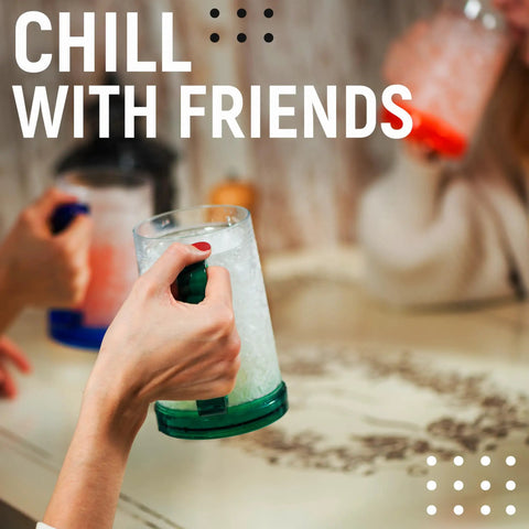 Grab This Pack Of Four 16 Oz Freezer Beer Mugs With Bright Color Coded Handles Shatter Resistant Acrylic Frosty Insulated Barware For Poolside Chilling Backyard Cookouts And Game Day Vibes held by friends.