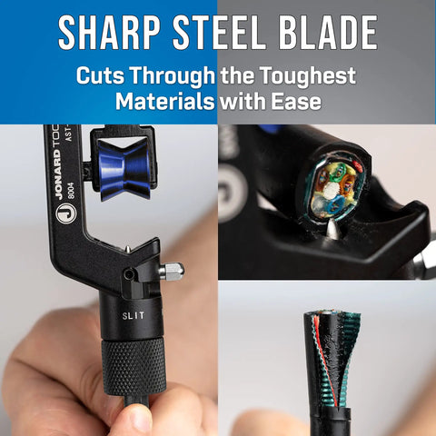 Cable Saber Workhorse Mid Span Armored Cable Slit And Ring Tool in use for cutting thick jacketed cables with steel blade.