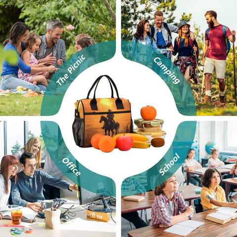 Image showing Desert Cowboy Brown Insulated Lunch Bag Cooler Tote For Outdoor Picnic And Camping with picnic, camping, office, and school scenes.