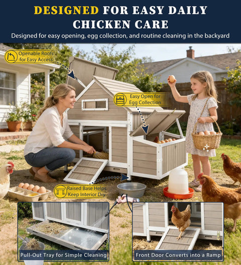 Woman and girl interacting with Outdoor Chicken Coop For 2 To 4 Chickens In The Backyard Weatherproof Wooden Hen House