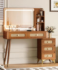 Walnut Vanity Desk With Mirror And Lights, Vintage Mid Century Modern Makeup Vanity Table With Five Drawers And Three Open Shelves