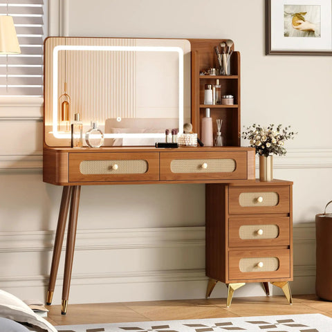 Walnut Vanity Desk With Mirror And Lights, Vintage Mid Century Modern Makeup Vanity Table With Five Drawers And Three Open Shelves