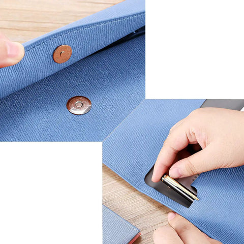Durable PU Leather A4 File Folder Waterproof Document Holder With Snap Closure Blue showing snap detail and pen holder