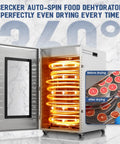 Heavy Duty 16 Trays Commercial Food Dehydrator For Making Sweet Beef Jerky And Dried Fruit All Week Long Without Breaking A Sweat Featuring Stainless Steel Racks And A Reliable 1500 Watt Motor with illuminated interior and drying trays.