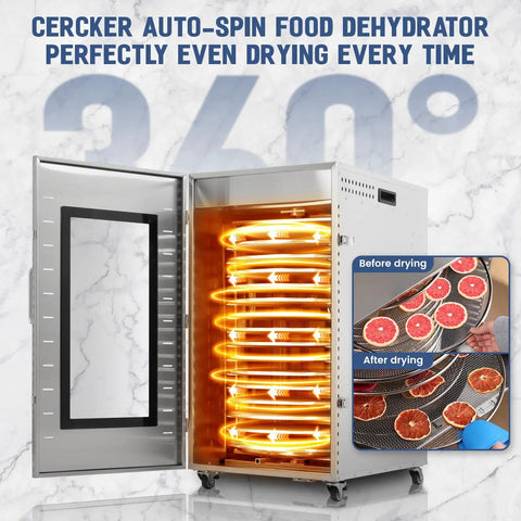 Heavy Duty 16 Trays Commercial Food Dehydrator For Making Sweet Beef Jerky And Dried Fruit All Week Long Without Breaking A Sweat Featuring Stainless Steel Racks And A Reliable 1500 Watt Motor with illuminated interior and drying trays.