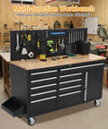 61 Inch Rolling Tool Chest With 10 Drawers And Built In Power Strip Heavy Duty Mobile Workbench For Garage And Shop Solid Rubber Wood Top 1675 Lbs Load Capacity Durable Rolling Tool Cabinet On Wheels