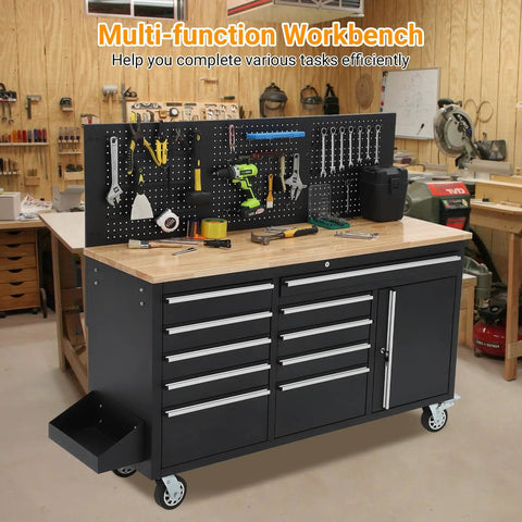 61 Inch Rolling Tool Chest With 10 Drawers And Built In Power Strip, Solid Rubber Wood Top, Heavy Duty Mobile Workstation On Wheels