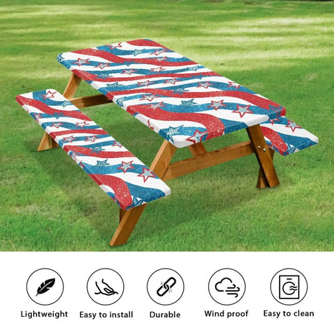 US 250 Years Picnic Table Cover With Bench Covers Waterproof Fitted Edges And Elastic Edges For Rectangle Tables on grass