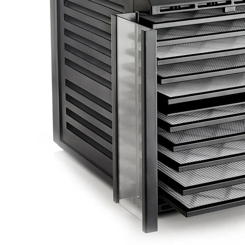 Close-up of Super Durable 10 Tray Electric Food Dehydrator Featuring Smart Digital Interface and Quick Dual Drying Zones loading trays.