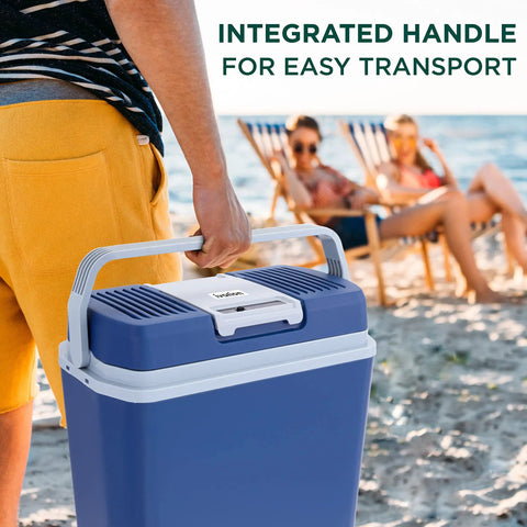 Person holding a blue 24L portable thermoelectric cooler with integrated handle, Keep Food And Drinks Fresh On The Go With This 24 L Portable Thermoelectric Cooler And Warmer For Vehicles And Trucks With 110V Home Cord And 12V Car Adapter Road Trip Ready For Camping Travel And Picnics