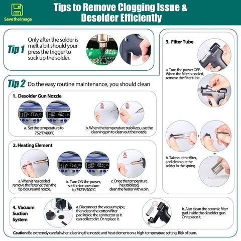 Tips for removing clogging in Do It All Four In One Soldering And Desoldering Kit with step-by-step desoldering maintenance guide.