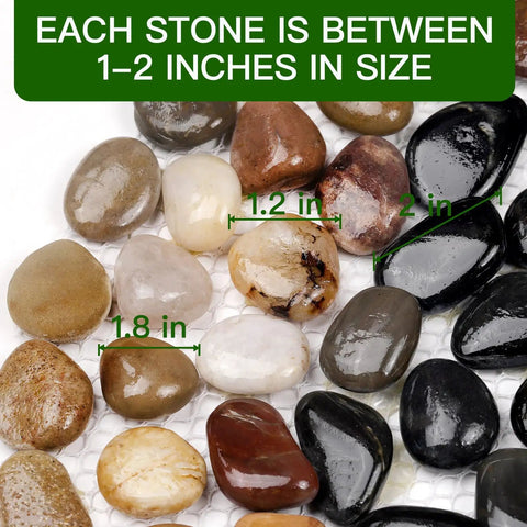 Close-up of Six Piece River Rock Stepping Stone Mat Set with 1-2 inch round polished pebbles for yard decor.