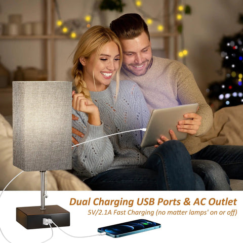 Gray Bedside Table Lamp With USB C And USB A Ports Three Color Temperature Settings, couple using tablet on couch