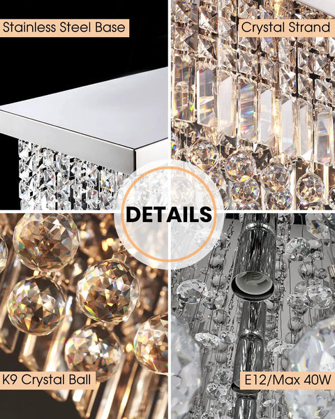 Details of Rectangular Chandelier For Modern Dining Room And Kitchen Island, 6 Light Flush Mount With Luxury K9 Crystal Raindrop Crystals