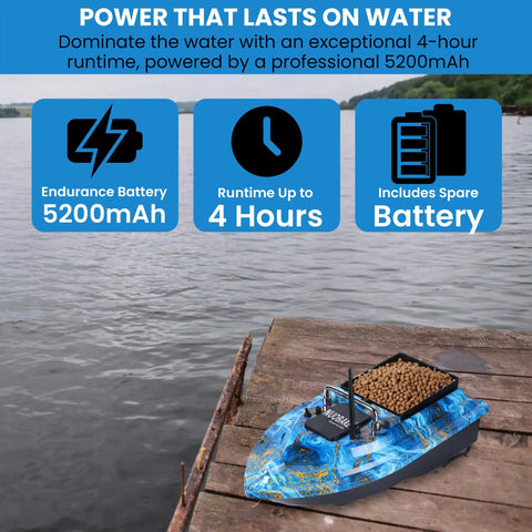 RC Bait Boat With 2.4G Remote 546 Yard Range Dual 5200mAh Batteries 4.4 Lb Bait Capacity on dock with bait loaded