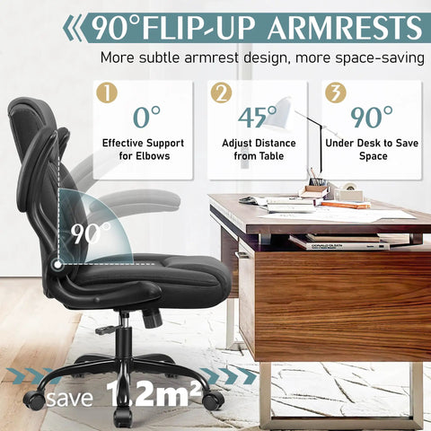 Leather Office Chair With PU Leather, 360 Degree Swivel, ergonomic back, rolling wheels, flip-up armrests beside wooden desk