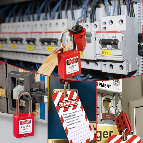 Lockout Tagout Station Kit with 6 Safety Padlocks, 2 Hasps, secured onto electrical panels and breaker locks for OSHA compliance.