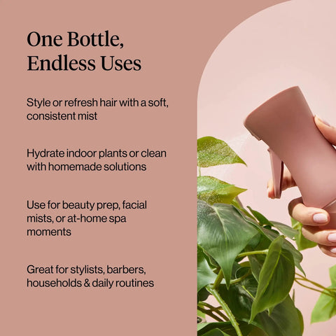 Hand holding Ultra Fine Continuous Spray Bottle For Hair And More With Even Mist For Styling, next to green plant