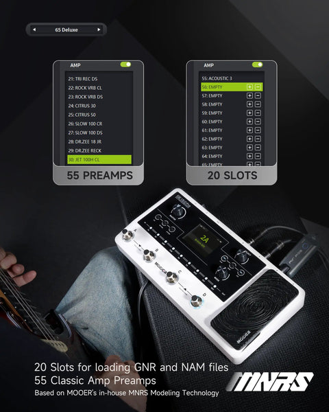 GE150 Pro Guitar Multi Effects Processor with screen display showing 55 preamps, 20 slots, and MNRS technology in use.