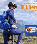 Cyclist wearing Hydration Backpack 18L With Upgraded 3L Leak-Proof Bladder For Running, Hiking, And Cycling, Lightweight Design.