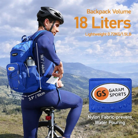 Cyclist wearing Hydration Backpack 18L With Upgraded 3L Leak-Proof Bladder For Running, Hiking, And Cycling, Lightweight Design.