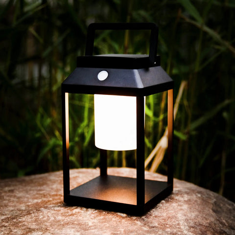 Solar Outdoor Lantern Led Portable Table Lamp With USB And Solar Charging 35W 3000K Warm Glow IP44 Waterproof Cordless Touch Control 2 In 1 Hand Light For Patio And Nightstand Aluminum Black on rock