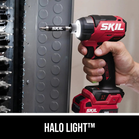 Grit And Grind 12V Brushless Drill Driver And Impact Driver Combo Kit with Halo Light feature for enhanced visibility during use.