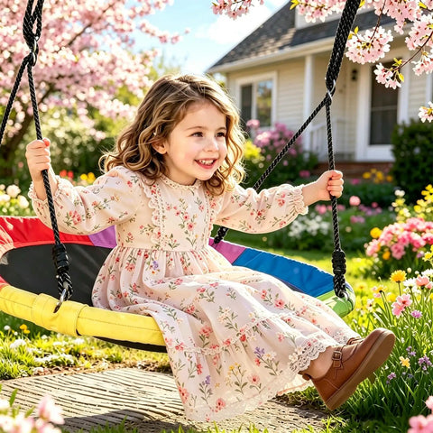 Child smiling on 40 Inch Saucer Swing For Kids And Adults, Heavy Duty 700 Lbs Capacity, 900D Oxford Fabric, 360 Degree Spin Disc Swing