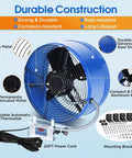 Powerful 1300 CFM Attic Exhaust Fan With Thermostat For Large Spaces Up To 1850 Sq Ft in blue with grille, thermostat, and cord.