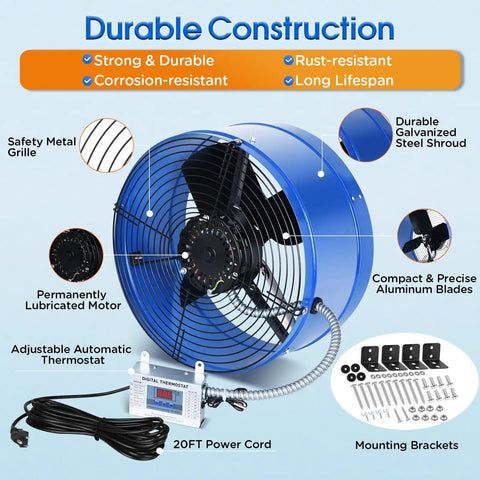 Powerful 1300 CFM Attic Exhaust Fan With Thermostat For Large Spaces Up To 1850 Sq Ft in blue with grille, thermostat, and cord.