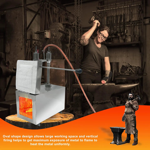 Dual Burner Propane Blacksmith Forge with One Side Door 2600F Rated Heat in blacksmith workshop setting