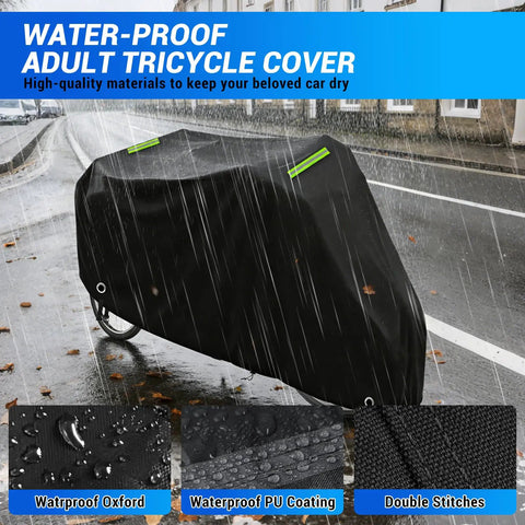 All-Weather 3 Wheel Trike Cover For Electric Bikes, Beefy Built-To-Last 600D Oxford Fabric With Reflective Strip, Tough All-Season Protection For Roadtrike And Similar E-Trikes, Windproof And Tear-Resistant Black, waterproof adult tricycle cover in rain