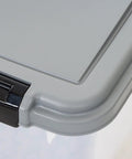 Close-up of lid on Airtight Pet Food Storage Container With Scoop Big 69 Quart Capacity For Dry Dog Food Cat Kibble And Bird Seed BPA Free FDA Grade Materials Removable Wheels Gray