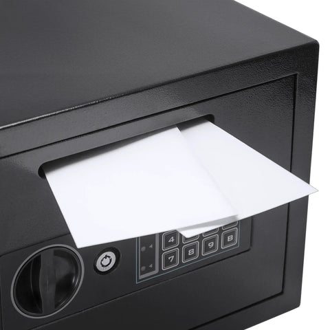 Digital Depository Safe For Cash And Mail Front Load Drop Box With Multi User PIN Lock showing envelope in drop slot