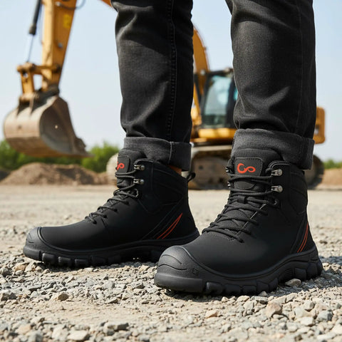 Mens Steel Toe Work Boots With Slip Resistant Puncture Safety Waterproof Midsole Grind Ready Durable Construction All Weather Performance Black Size 9.5 shown in an outdoor construction setting