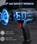 Rock Solid Half Inch Air Impact Wrench Delivers 1620 Ft Lb Torque And 8500 Rpm Spin For Heavy Duty Automotive Jobs And Quick Tire Swaps No Nonsense Power Tool, close-up view showing wrench features.